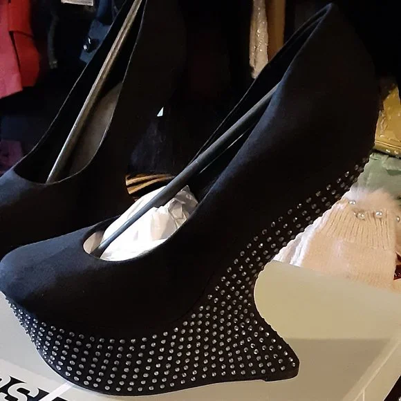 LA STRADA BLACK SUEDE BLING PLATFORM WEDGE GAGA STYLE MADE IN HOLLAND - Picture 1 of 4